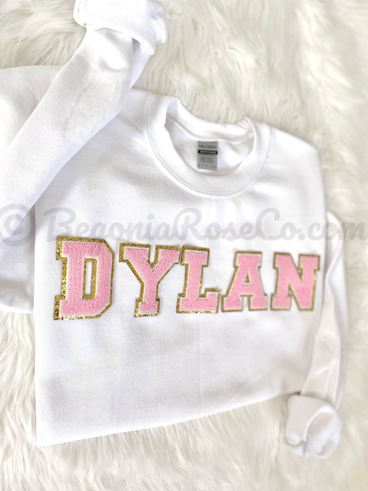 Custom word chenille patch crewneck sweatshirt white - personalized gift