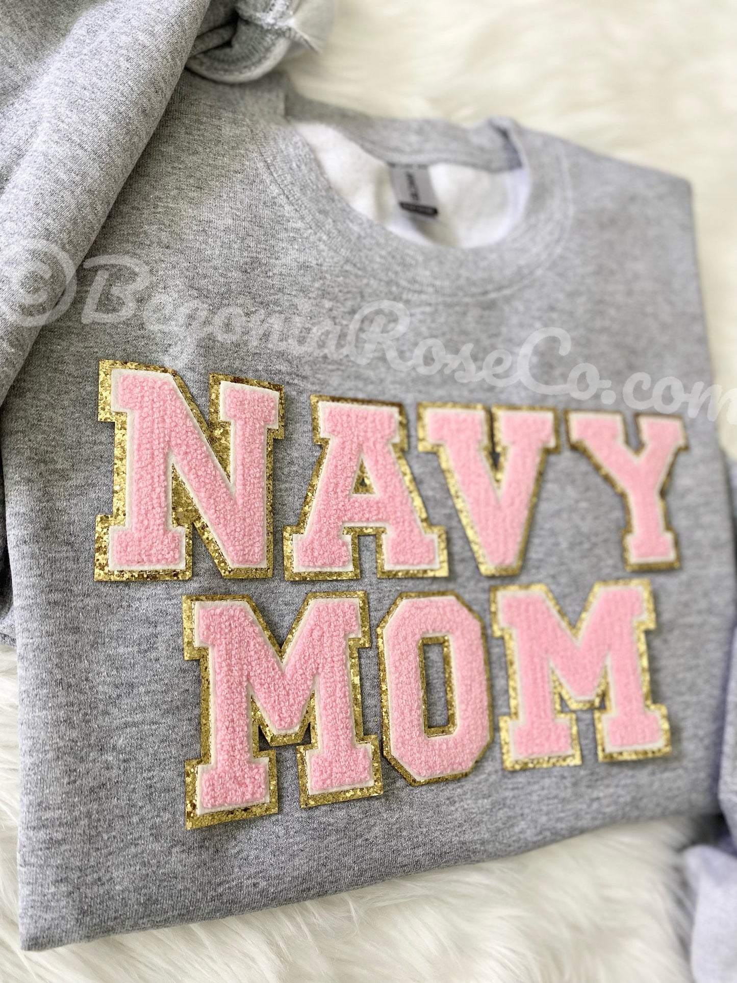 NAVY MOM chenille patch sweatshirt in sand - military mom gift