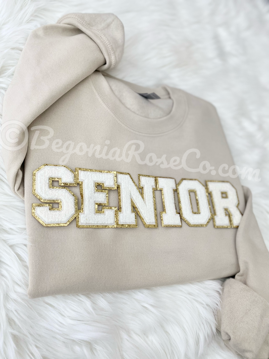 SENIOR patch sweatshirt grey with light pink chenille letter patches
