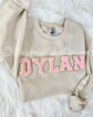 Custom chenille patch sweatshirt grey with light pink letter patches
