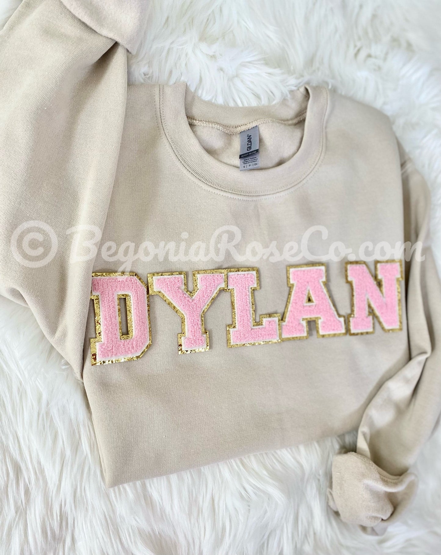 Custom chenille patch sweatshirt grey with light pink letter patches