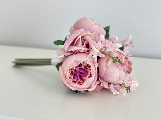 Pink peony faux flower bouquet arrangement for weddings and home decor