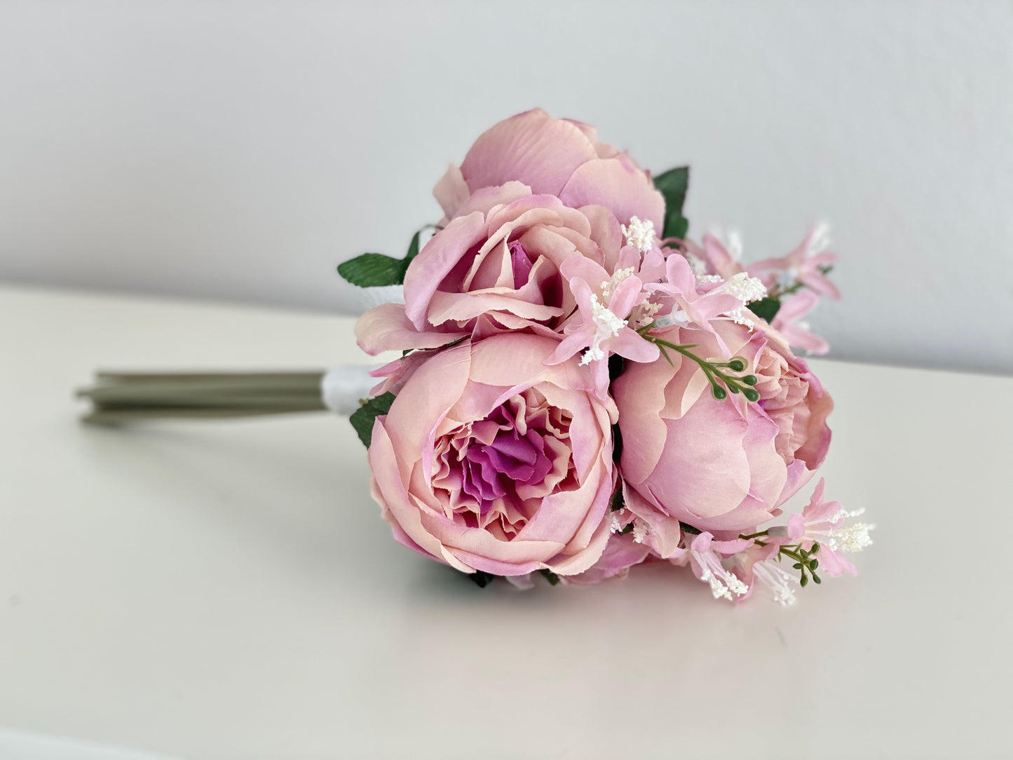 Pink peony faux flower bouquet arrangement for weddings and home decor