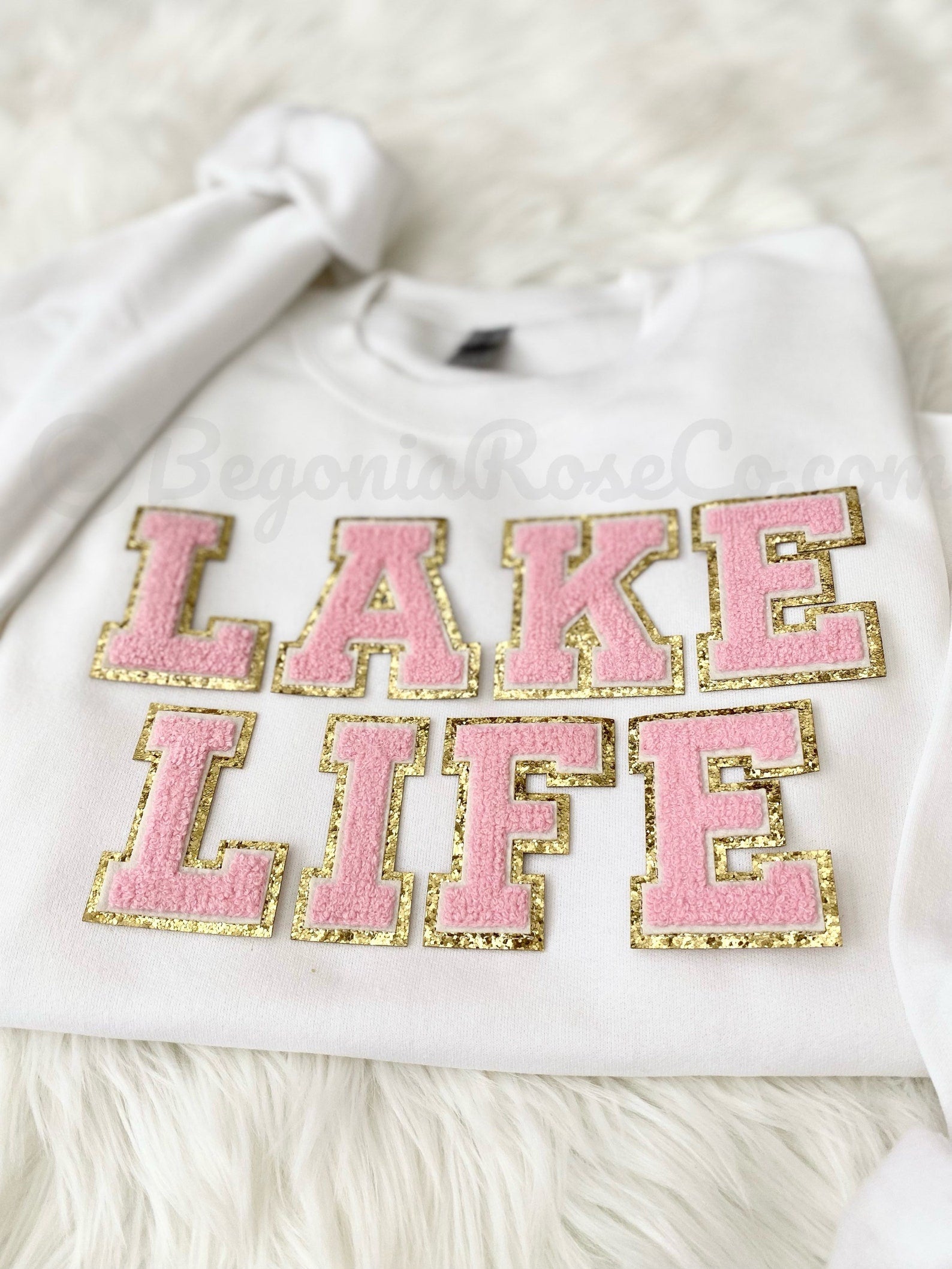 LAKE LIFE chenille patch sweatshirt sizing detail unisex Gildan