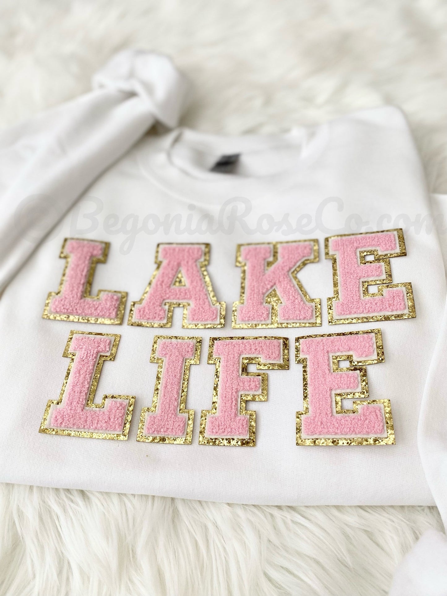 LAKE LIFE chenille patch sweatshirt sizing detail unisex Gildan