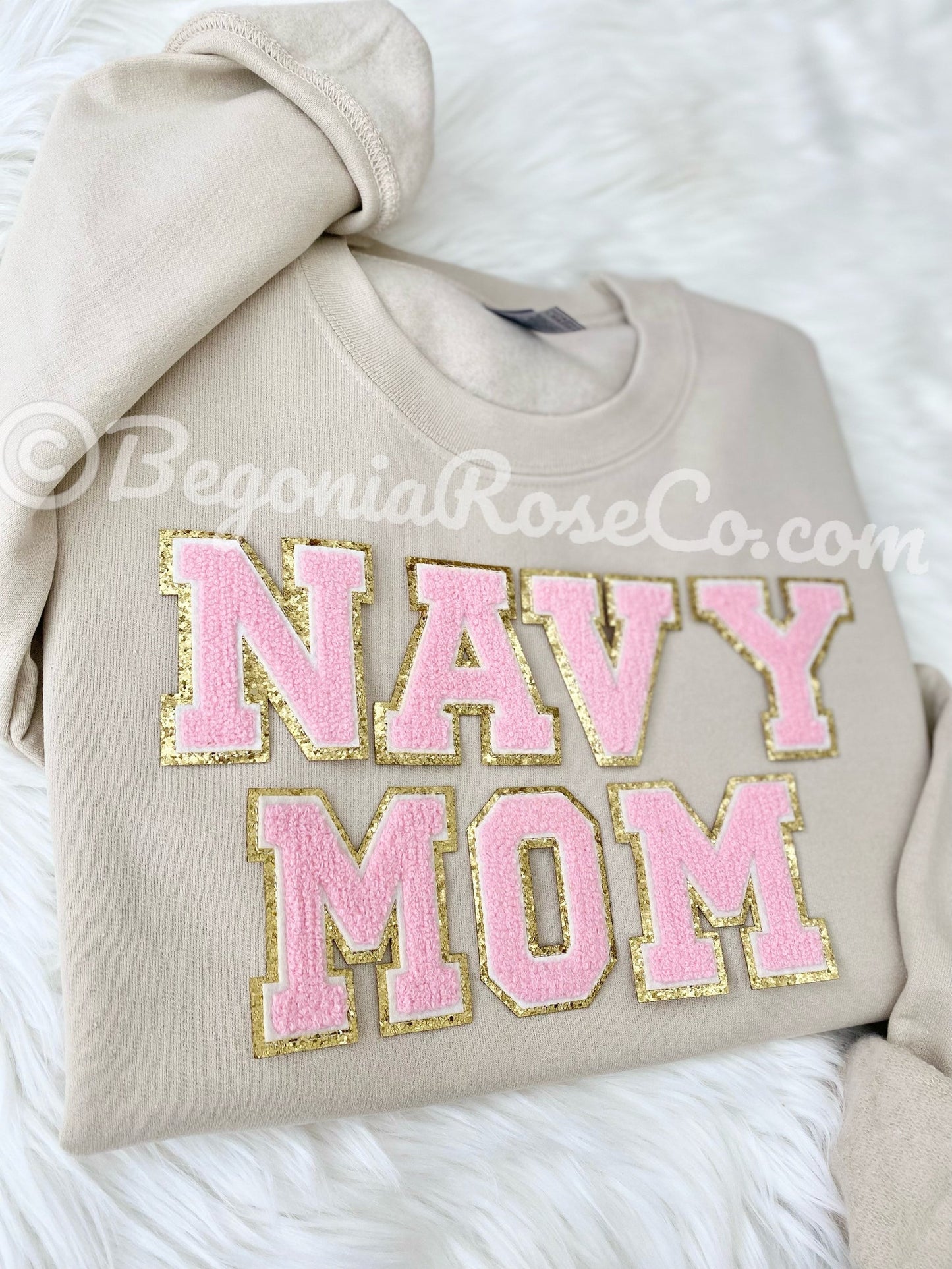 NAVY MOM patch crewneck sweatshirt flat lay proud Navy mom apparel