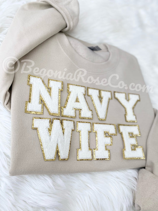 NAVY WIFE patch crewneck sweatshirt in grey - homecoming shirt