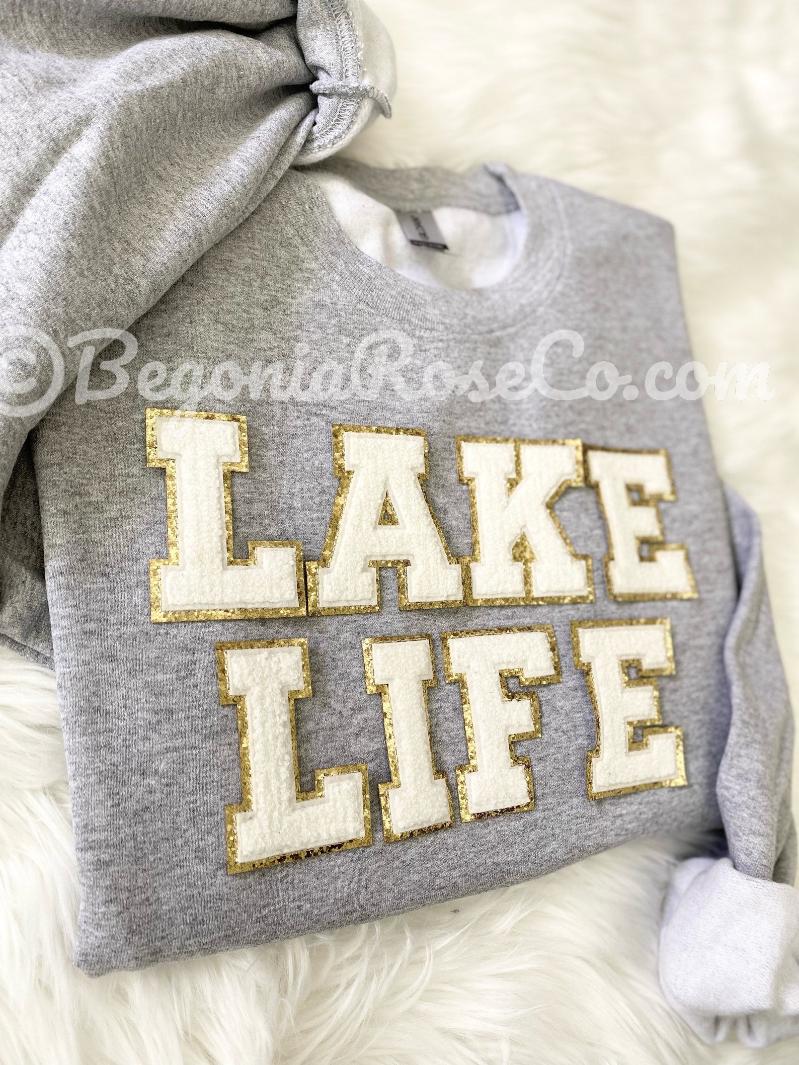 LAKE LIFE chenille patch sweatshirt in sand - boating gift lake shirt