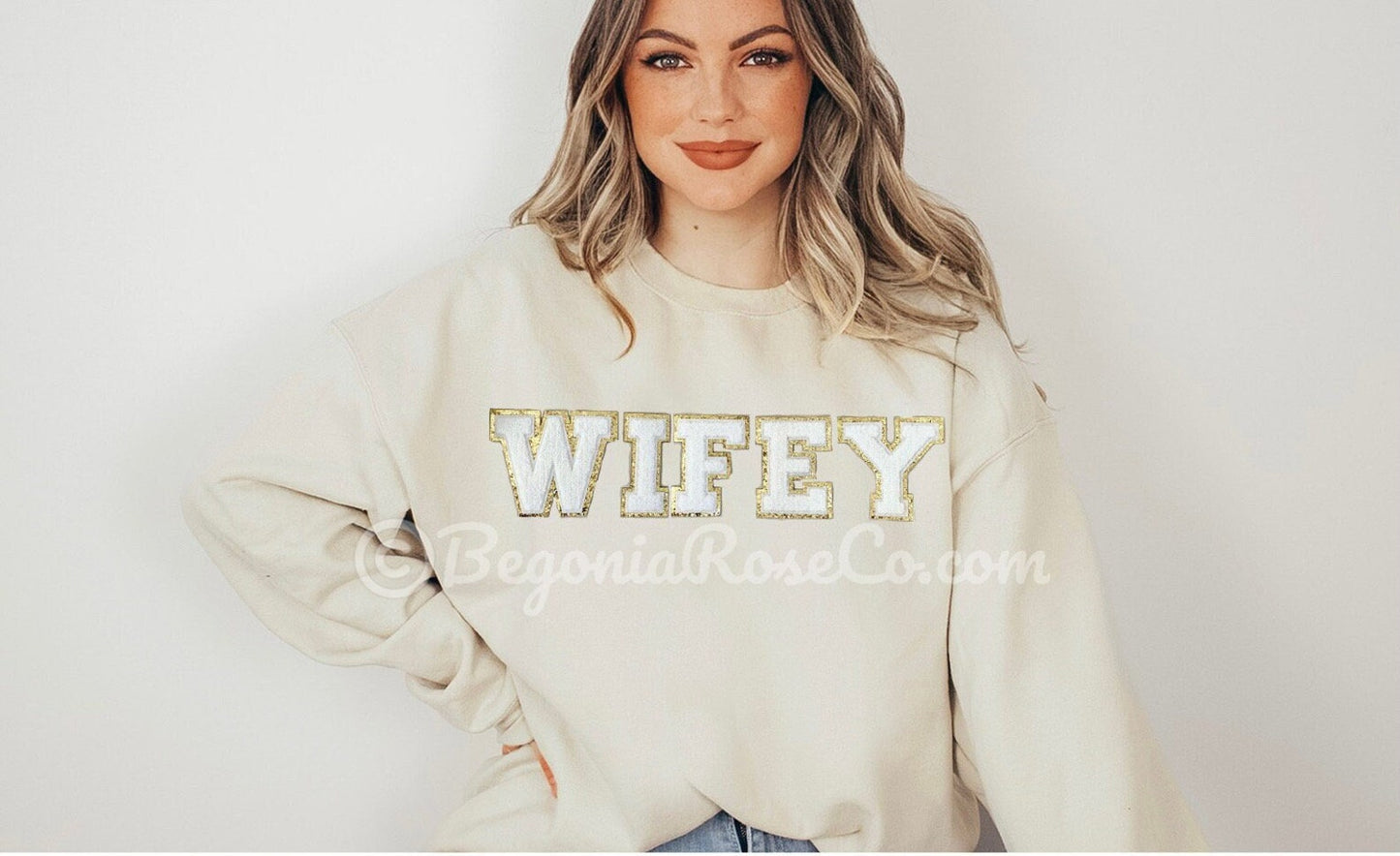 WIFEY chenille patch sweatshirt lifestyle - honeymoon bride sweatshirt gift