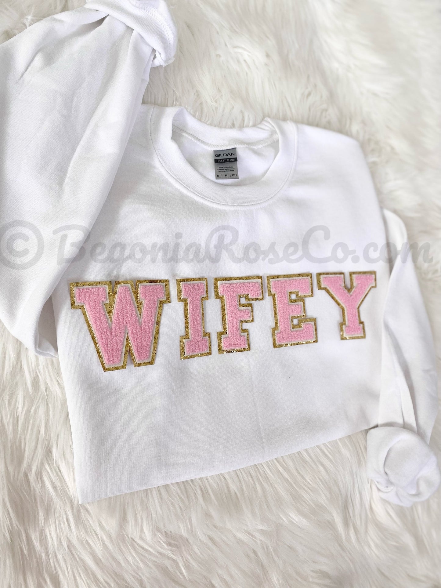 WIFE chenille patch sweatshirt aqua patch close-up - engagement party gift