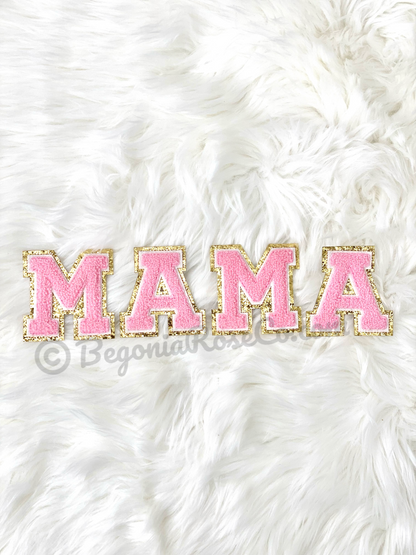 MAMA chenille letter patches sizing reference sew-on iron-on mom gift