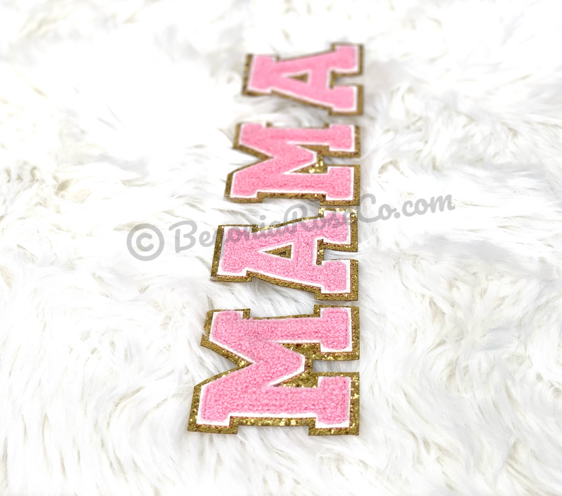 MAMA peachy pink chenille script letter patches sew on iron on