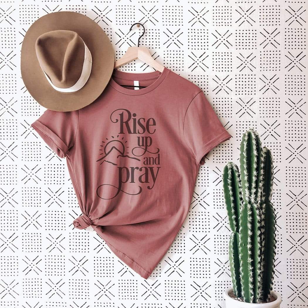 Rise Up and Pray graphic tee sublimation print close-up detail view